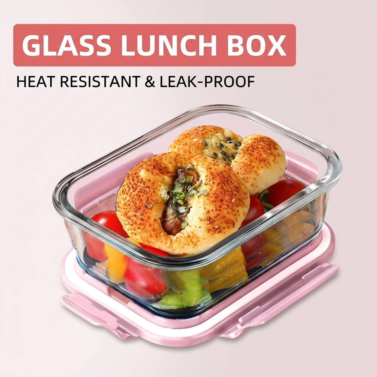 Food Storage Prep Containers - Pink Glass Bento Lunch Box,Compartments Leakproof