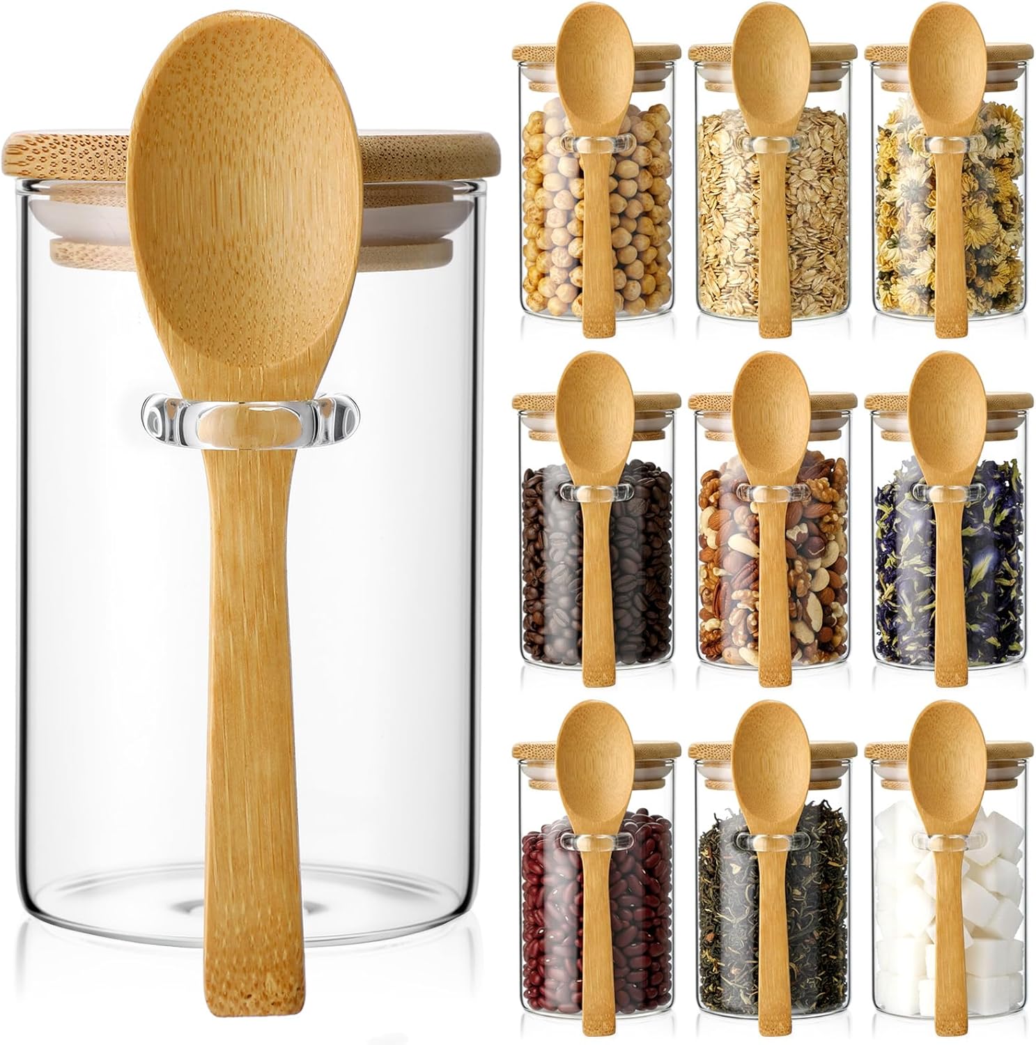 Food Storage Jar Glass - 10 Pack Glass Jars with Bamboo