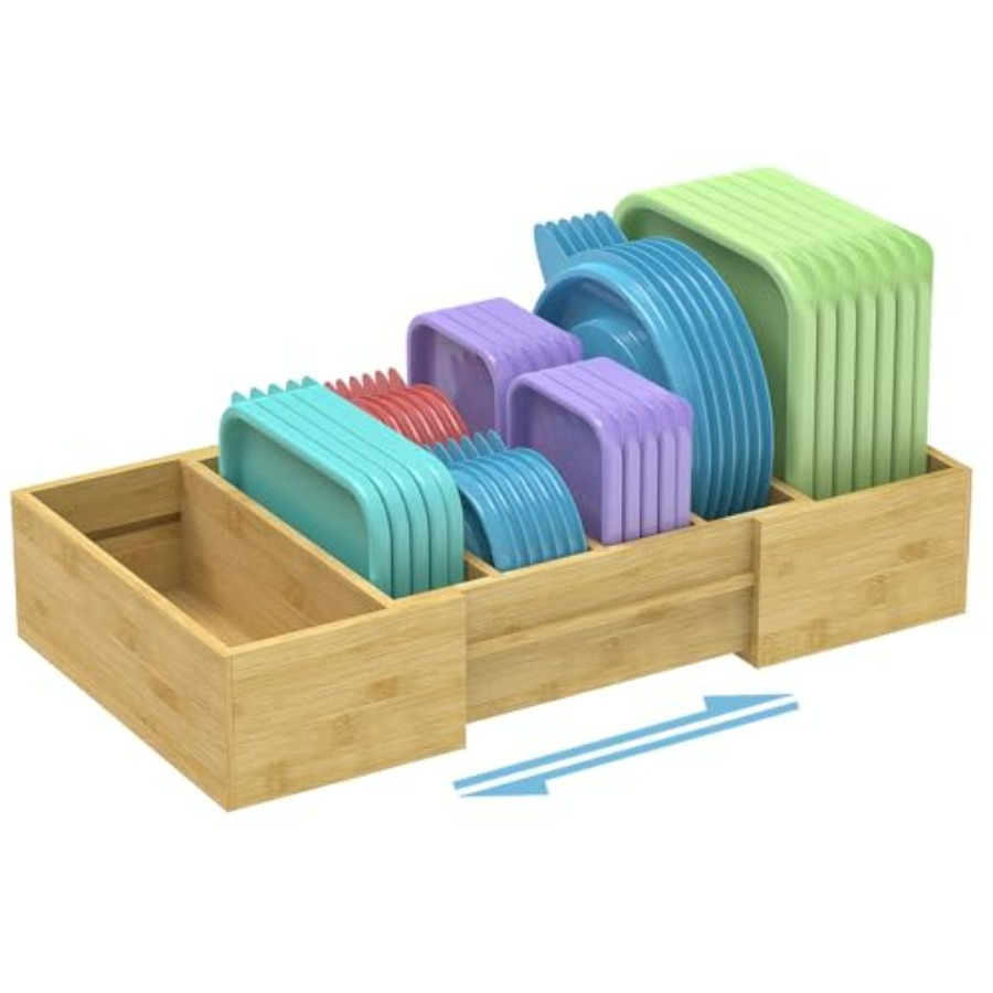 Food Storage Kitchen Cabinet - Lid Organizer for Cabinet, Bamboo Expandable
