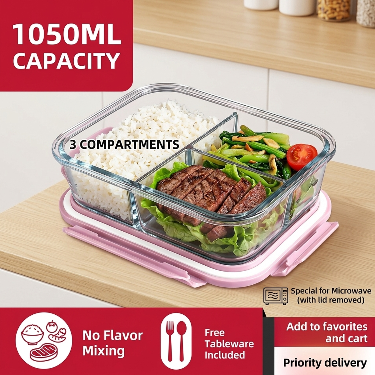 Pink Glass Bento Lunch Box,Com - Food Storage Prep Containers recension och pris