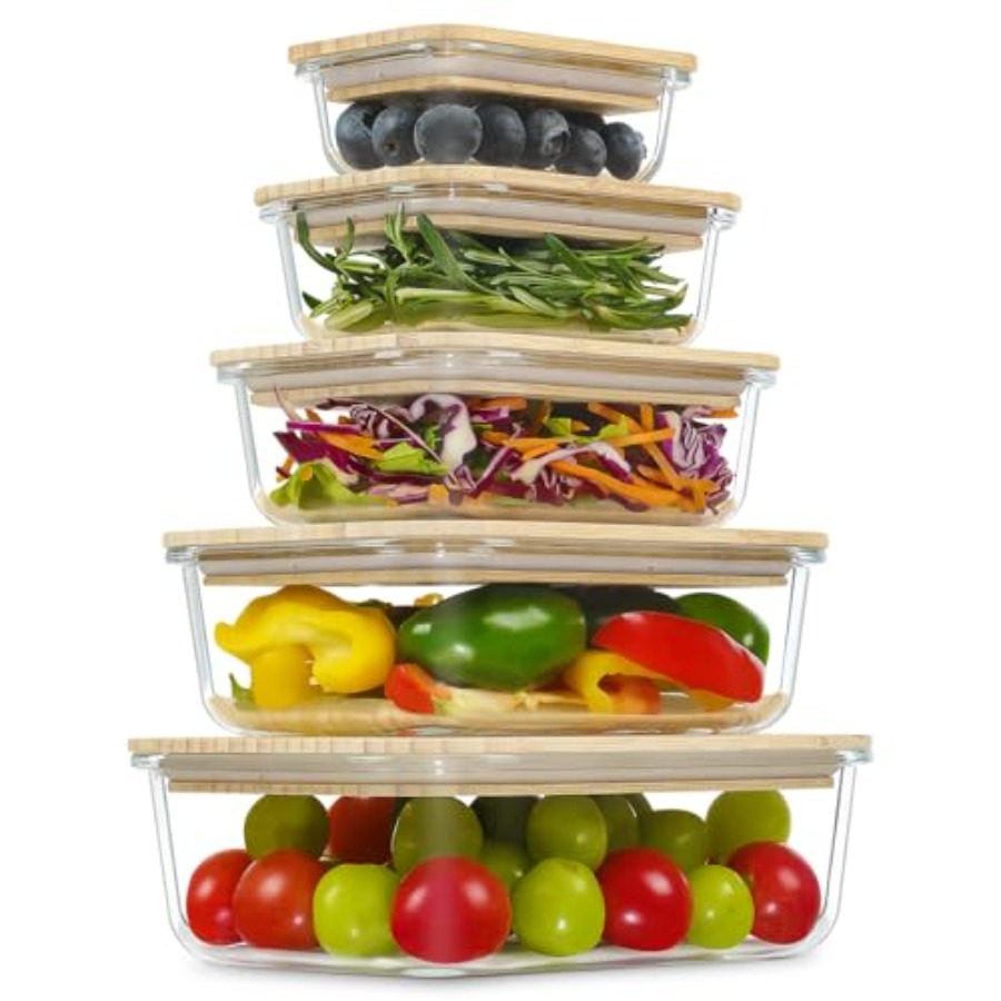 Glass Containers with Bamboo L - Food Storage Kitchen Container Set recension och pris