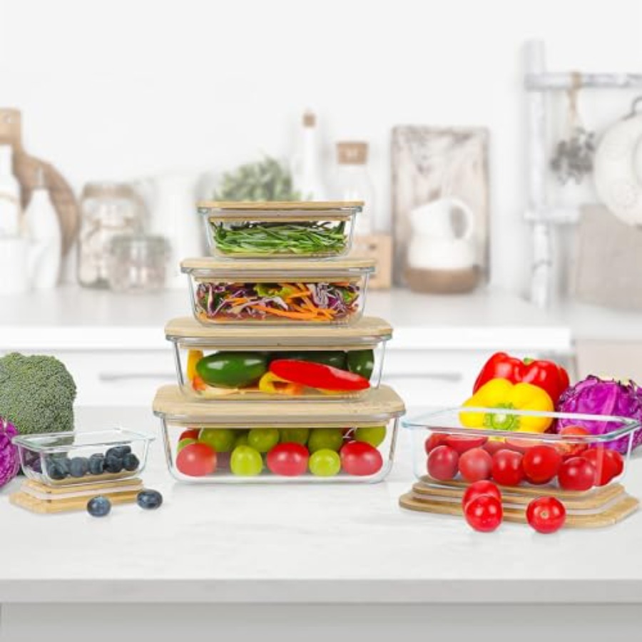Glass Containers with Bamboo L - Food Storage Kitchen Container Set recension och pris